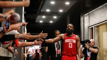 HOUSTON, TX - APRIL 24: James Harden #13 of the Houston Rockets greets fans on the way to the locker room after Game Five of the first round of the 2019 NBA Western Conference Playoffs between the Houston Rockets and the Utah Jazz at Toyota Center on April 24, 2019 in Houston, Texas. NOTE TO USER: User expressly acknowledges and agrees that, by downloading and or using this photograph, User is consenting to the terms and conditions of the Getty Images License Agreement. (Photo by Tim Warner/Getty Images)