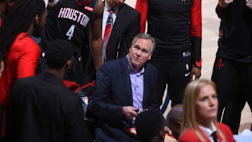 SALT LAKE CITY, UT - APRIL 22: Head Coach Mike D'Antoni of the Houston Rockets stares on during the game against the Utah Jazz during Game Four of Round One of the 2019 NBA Playoffs on April 22, 2019 at vivint.SmartHome Arena in Salt Lake City, Utah. NOTE TO USER: User expressly acknowledges and agrees that, by downloading and or using this Photograph, User is consenting to the terms and conditions of the Getty Images License Agreement. Mandatory Copyright Notice: Copyright 2019 NBAE (Photo by Bill Baptist/NBAE via Getty Images)