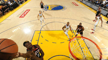 OAKLAND, CA - APRIL 28: Clint Capela #15 of the Houston Rockets shoots the ball against the Golden State Warriors during Game One of the Western Conference Semi-Finals of the 2019 NBA Playoffs on April 28, 2019 at ORACLE Arena in Oakland, California. NOTE TO USER: User expressly acknowledges and agrees that, by downloading and or using this photograph, User is consenting to the terms and conditions of the Getty Images License Agreement. Mandatory Copyright Notice: Copyright 2019 NBAE (Photo by Noah Graham/NBAE via Getty Images)