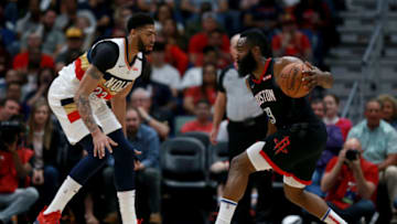 NEW ORLEANS, LOUISIANA - MARCH 24: James Harden #13 of the Houston Rockets is defended by Anthony Davis #23 of the New Orleans Pelicans during the first half at the Smoothie King Center on March 24, 2019 in New Orleans, Louisiana. NOTE TO USER: User expressly acknowledges and agrees that, by downloading and or using this photograph, User is consenting to the terms and conditions of the Getty Images License Agreement. (Photo by Sean Gardner/Getty Images)