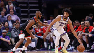 Chris Paul #3 of the Houston Rockets guards Marvin Bagley III #35 of the Sacramento Kings (Photo by Lachlan Cunningham/Getty Images)