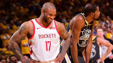 OAKLAND, CA - APRIL 30: PJ Tucker #17 of the Houston Rockets smiles during Game Two of the Western Conference Semifinals of the 2019 NBA Playoffs against the Golden State Warriors on April 30, 2019 at ORACLE Arena in Oakland, California. NOTE TO USER: User expressly acknowledges and agrees that, by downloading and or using this photograph, user is consenting to the terms and conditions of Getty Images License Agreement. Mandatory Copyright Notice: Copyright 2019 NBAE (Photo by Noah Graham/NBAE via Getty Images)