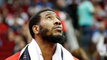HOUSTON, TX - APRIL 05: Iran Shumpert #1 of the Houston Rockets watches from the bench in the first half against the New York Knicks at Toyota Center on April 5, 2019 in Houston, Texas. NOTE TO USER: User expressly acknowledges and agrees that, by downloading and or using this photograph, User is consenting to the terms and conditions of the Getty Images License Agreement. (Photo by Tim Warner/Getty Images)