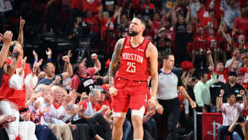 Austin Rivers #25 of the Houston Rockets reacts to a play against the Golden State Warriors (Photo by Andrew D. Bernstein/NBAE via Getty Images)