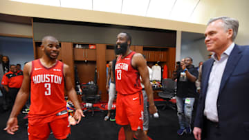 HOUSTON, TX - MAY 6: Chris Paul #3, James Harden #13 and Head Coach Mike D'Antoni of the Houston Rockets are seen in the locker room after Game Four of the Western Conference Semifinals of the 2019 NBA Playoffs on May 6, 2019 at the Toyota Center in Houston, Texas. NOTE TO USER: User expressly acknowledges and agrees that, by downloading and/or using this photograph, user is consenting to the terms and conditions of the Getty Images License Agreement. Mandatory Copyright Notice: Copyright 2019 NBAE (Photo by Bill Baptist/NBAE via Getty Images)