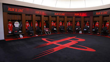 HOUSTON, TX - MAY 10: A view of the Houston Rockets locker room prior to a game against the Golden State Warriors before Game Six of the Western Conference Semifinals of the 2019 NBA Playoffs on May 10, 2019 at the Toyota Center in Houston, Texas. NOTE TO USER: User expressly acknowledges and agrees that, by downloading and/or using this photograph, user is consenting to the terms and conditions of the Getty Images License Agreement. Mandatory Copyright Notice: Copyright 2019 NBAE (Photo by Bill Baptist/NBAE via Getty Images)