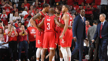 The Houston Rockets huddle during Game Six of the Western Conference Semifinals of the 2019 NBA Playoffs against the Golden State Warriors (Photo by Andrew D. Bernstein/NBAE via Getty Images)