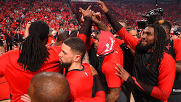 HOUSTON, TX - MAY 10: The Houston Rockets huddle up prior to a game against the Golden State Warriors before Game Six of the Western Conference Semifinals of the 2019 NBA Playoffs on May 10, 2019 at the Toyota Center in Houston, Texas. NOTE TO USER: User expressly acknowledges and agrees that, by downloading and/or using this photograph, user is consenting to the terms and conditions of the Getty Images License Agreement. Mandatory Copyright Notice: Copyright 2019 NBAE (Photo by Bill Baptist/NBAE via Getty Images)