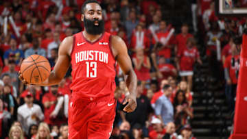 James Harden #13 of the Houston Rockets handles the ball against the Golden State Warriors (Photo by Andrew D. Bernstein/NBAE via Getty Images)
