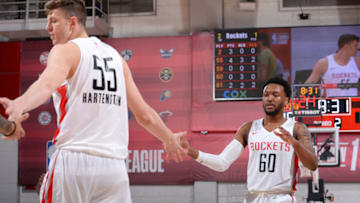LAS VEGAS, NV - JULY 9: Isaiah Hartenstein #55 and Shamorie Ponds #60 of the Houston Rockets high five during the game against the Houston Rockets on July 9, 2019 at the Cox Pavilion in Las Vegas, Nevada. NOTE TO USER: User expressly acknowledges and agrees that, by downloading and/or using this photograph, user is consenting to the terms and conditions of the Getty Images License Agreement. Mandatory Copyright Notice: Copyright 2019 NBAE (Photo by Bart Young/NBAE via Getty Images)