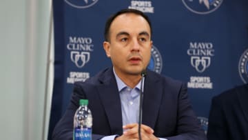 MINNEAPOLIS, MN - JULY 23: President of Basketball Operations, Gersson Rosas, of the Minnesota Timberwolves speaks during the introductory press conference on July 23, 2019 at the Minnesota Timberwolves and Lynx Courts at Mayo Clinic Square in Minneapolis, Minnesota. NOTE TO USER: User expressly acknowledges and agrees that, by downloading and/or using this photograph, user is consenting to the terms and conditions of the Getty Images License Agreement. Mandatory Copyright Notice: Copyright 2019 NBAE (Photo by David Sherman/NBAE via Getty Images)