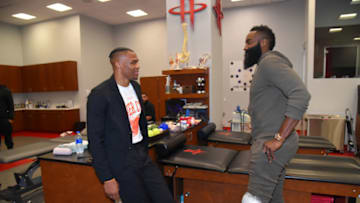 Russell Westbrook #0 of the Houston Rockets talks with James Harden #13 of the Houston Rockets (Photo by Bill Baptist/NBAE via Getty Images)