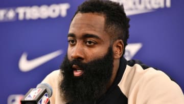Houston's guard James Harden answers a question after the NBA Japan Games 2019 pre-season basketball match between Houston Rockets and Toronto Raptors in Saitama, northern suburb of Tokyo on October 10, 2019. (Photo by TOSHIFUMI KITAMURA / AFP) (Photo by TOSHIFUMI KITAMURA/AFP via Getty Images)