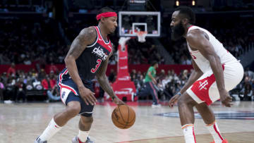 Bradley Beal #3 of the Washington Wizards, James Harden #13 of the Houston Rockets (Photo by Scott Taetsch/Getty Images)