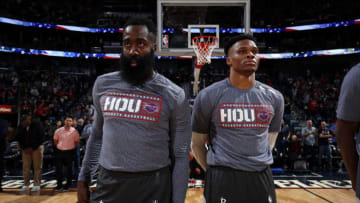 James Harden #13 and Russell Westbrook #0 of the Houston Rockets (Photo by Jeff Haynes/NBAE via Getty Images)
