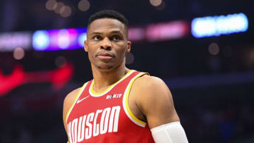 Houston Rockets Guard Russell Westbrook (0) looks on during a NBA game between the Houston Rockets (Photo by Brian Rothmuller/Icon Sportswire via Getty Images)