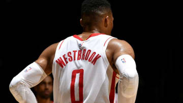 ORLANDO, FL - DECEMBER 13: Russell Westbrook #0 of the Houston Rockets looks on during the game against the Orlando Magic on December 13, 2019 at Amway Center in Orlando, Florida. NOTE TO USER: User expressly acknowledges and agrees that, by downloading and or using this photograph, User is consenting to the terms and conditions of the Getty Images License Agreement. Mandatory Copyright Notice: Copyright 2019 NBAE (Photo by Fernando Medina/NBAE via Getty Images)