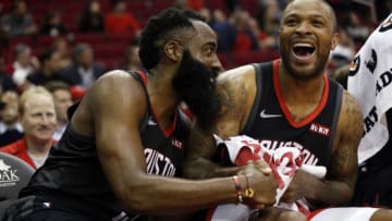 James Harden #13 of the Houston Rockets and PJ Tucker #17 (Photo by Bob Levey/Getty Images)