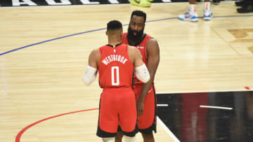 LOS ANGELES, CA - DECEMBER 19: Russell Westbrook #0 and James Harden #13 of the Houston Rockets talk during a game against the LA Clippers on December 19, 2019 at STAPLES Center in Los Angeles, California. NOTE TO USER: User expressly acknowledges and agrees that, by downloading and/or using this Photograph, user is consenting to the terms and conditions of the Getty Images License Agreement. Mandatory Copyright Notice: Copyright 2019 NBAE (Photo by Adam Pantozzi/NBAE via Getty Images)