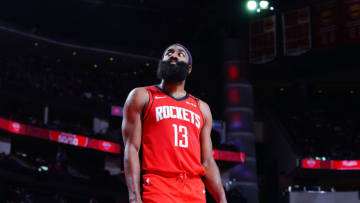 HOUSTON, TX - JANUARY 20: James Harden #13 of the Houston Rockets looks on during the game against the Oklahoma City Thunder on January 20, 2020 at the Toyota Center in Houston, Texas. NOTE TO USER: User expressly acknowledges and agrees that, by downloading and or using this photograph, User is consenting to the terms and conditions of the Getty Images License Agreement. Mandatory Copyright Notice: Copyright 2020 NBAE (Photo by Cato Cataldo/NBAE via Getty Images)