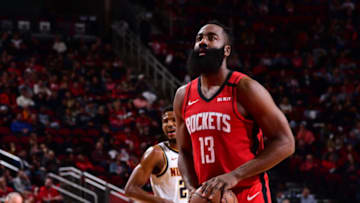 HOUSTON, TX - JANUARY 22: James Harden #13 of the Houston Rockets shoots a free throw during a game against the Denver Nuggets on January 22, 2020 at the Toyota Center in Houston, Texas. NOTE TO USER: User expressly acknowledges and agrees that, by downloading and or using this photograph, User is consenting to the terms and conditions of the Getty Images License Agreement. Mandatory Copyright Notice: Copyright 2020 NBAE (Photo by Cato Cataldo/NBAE via Getty Images)