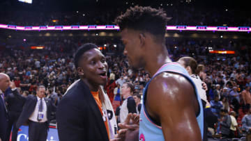 Victor Oladipo #4 of the Indiana Pacers greets Jimmy Butler #22 of the Miami Heat (Photo by Michael Reaves/Getty Images)