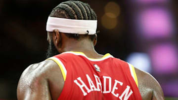 HOUSTON, TEXAS - JANUARY 03: A view of the new hair style and headband of James Harden #13 of the Houston Rockets during the game against the Philadelphia 76ers at Toyota Center on January 03, 2020 in Houston, Texas. NOTE TO USER: User expressly acknowledges and agrees that, by downloading and or using this photograph, User is consenting to the terms and conditions of the Getty Images License Agreement. (Photo by Tim Warner/Getty Images) (Photo by Tim Warner/Getty Images)