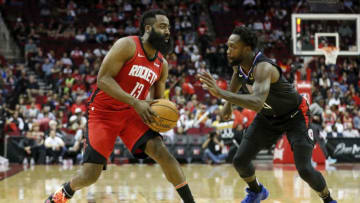James Harden of the Houston Rockets Patrick Beverley of the LA Clippers (Photo by Tim Warner/Getty Images)