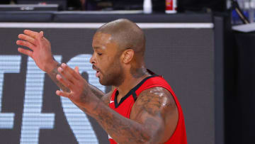 LAKE BUENA VISTA, FLORIDA - AUGUST 20: P.J. Tucker #17 of the Houston Rockets reacts after being charged with a foul during the first quarter against the Oklahoma City Thunder in Game Two of the Western Conference First Round during the 2020 NBA Playoffs at AdventHealth Arena at ESPN Wide World Of Sports Complex on August 20, 2020 in Lake Buena Vista, Florida. NOTE TO USER: User expressly acknowledges and agrees that, by downloading and or using this photograph, User is consenting to the terms and conditions of the Getty Images License Agreement. (Photo by Kevin C. Cox/Getty Images)