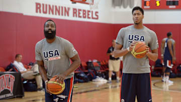 LAS VEGAS, NV - AUGUST 11: James Harden and Anthony Davis of the USA National Team participate in a minicamp at UNLV on August 11, 2015 in Las Vegas, Nevada. NOTE TO USER: User expressly acknowledges and agrees that, by downloading and/or using this Photograph, user is consenting to the terms and conditions of the Getty Images License Agreement. Mandatory Copyright Notice: Copyright 2015 NBAE (Photo by Andrew D. Bernstein/NBAE via Getty Images)