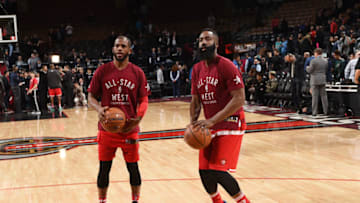 TORONTO, CANADA - FEBRUARY 14: Chris Paul #3 of the Western Conference and James Harden #13 of the Western Conference warms up before the game the 2016 NBA All-Star Game on February 14, 2016 at the Air Canada Centre in Toronto, Ontario, Canada. NOTE TO USER: User expressly acknowledges and agrees that, by downloading and or using this Photograph, user is consenting to the terms and conditions of the Getty Images License Agreement. Mandatory Copyright Notice: Copyright 2016 NBAE (Photo by Ron Turenne/NBAE via Getty Images)