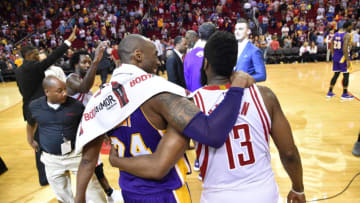 HOUSTON, TX - APRIL 10: Kobe Bryant #24 of the Los Angeles Lakers shakes hands with James Harden #13 of the Houston Rockets after the game on April 10, 2016 at the Toyota Center in Houston, Texas. NOTE TO USER: User expressly acknowledges and agrees that, by downloading and or using this photograph, User is consenting to the terms and conditions of the Getty Images License Agreement. Mandatory Copyright Notice: Copyright 2016 NBAE (Photo by Bill Baptist/NBAE via Getty Images)