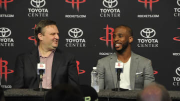 General Manager Daryl Morey of the Houston Rockets introduces Chris Paul as he speaks to the media during a press conference on July 14, 2017 at the Toyota Center in Houston, Texas. NOTE TO USER: User expressly acknowledges and agrees that, by downloading and/or using this photograph, user is consenting to the terms and conditions of the Getty Images License Agreement. Mandatory Copyright Notice: Copyright 2017 NBAE (Photo by Bill Baptist/NBAE via Getty Images)