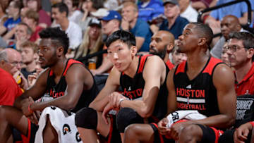 LAS VEGAS, NV - JULY 14: Zhou Qi #9 of the Houston Rockets sits on the bench during the 2017 Summer League game against the Atlanta Hawks on July 14, 2017 at the Cox Pavilion in Las Vegas, Nevada. NOTE TO USER: User expressly acknowledges and agrees that, by downloading and or using this Photograph, user is consenting to the terms and conditions of the Getty Images License Agreement. Mandatory Copyright Notice: Copyright 2017 NBAE (Photo by David Dow/NBAE via Getty Images)