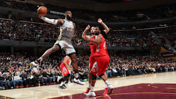 CLEVELAND, OH - FEBRUARY 3: LeBron James #23 of the Cleveland Cavaliers handles the ball against the Houston Rockets on February 3, 2018 at Quicken Loans Arena in Cleveland, Ohio. NOTE TO USER: User expressly acknowledges and agrees that, by downloading and/or using this photograph, user is consenting to the terms and conditions of the Getty Images License Agreement. Mandatory Copyright Notice: Copyright 2018 NBAE (Photo by Joe Murphy/NBAE via Getty Images)