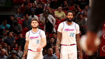 MIAMI, FL - DECEMBER 1: Tyler Johnson #8 of the Miami Heat and James Johnson #16 of the Miami Heat look on during the game against the Houston Rockets on February 7, 2018 at American Airlines Arena in Miami, Florida. NOTE TO USER: User expressly acknowledges and agrees that, by downloading and or using this Photograph, user is consenting to the terms and conditions of the Getty Images License Agreement. Mandatory Copyright Notice: Copyright 2018 NBAE (Photo by Issac Baldizon/NBAE via Getty Images)