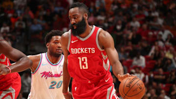 MIAMI, FL - DECEMBER 1: James Harden #13 of the Houston Rockets handles the ball during the game against the Miami Heat on February 7, 2018 at American Airlines Arena in Miami, Florida. NOTE TO USER: User expressly acknowledges and agrees that, by downloading and or using this Photograph, user is consenting to the terms and conditions of the Getty Images License Agreement. Mandatory Copyright Notice: Copyright 2018 NBAE (Photo by Issac Baldizon/NBAE via Getty Images)