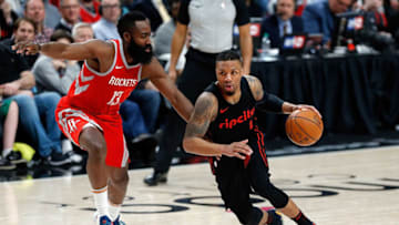 Damian Lillard #0 of the Portland Trail Blazers in action against James Harden #13 of the Houston Rockets (Photo by Jonathan Ferrey/Getty Images)