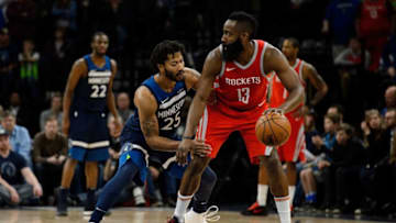 MINNEAPOLIS, MN - MARCH 18: Derrick Rose #25 of the Minnesota Timberwolves defends against James Harden #13 of the Houston Rockets during the game on March 18, 2018 at the Target Center in Minneapolis, Minnesota. NOTE TO USER: User expressly acknowledges and agrees that, by downloading and or using this Photograph, user is consenting to the terms and conditions of the Getty Images License Agreement. (Photo by Hannah Foslien/Getty Images)