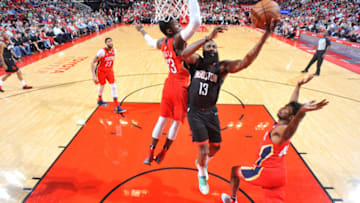 HOUSTON, TX - MARCH 24: James Harden #13 of the Houston Rockets goes to the basket against the New Orleans Pelicans on March 24, 2018 at the Toyota Center in Houston, Texas. NOTE TO USER: User expressly acknowledges and agrees that, by downloading and or using this photograph, User is consenting to the terms and conditions of the Getty Images License Agreement. Mandatory Copyright Notice: Copyright 2018 NBAE (Photo by Bill Baptist/NBAE via Getty Images)