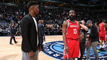 MINNEAPOLIS, MN - MARCH 18: Jimmy Butler #23 of the Minnesota Timberwolves and James Harden #13 of the Houston Rockets talk after the game on March 18, 2018 at Target Center in Minneapolis, Minnesota. NOTE TO USER: User expressly acknowledges and agrees that, by downloading and/or using this photograph, user is consenting to the terms and conditions of the Getty Images License Agreement. Mandatory Copyright Notice: Copyright 2018 NBAE (Photo by David Sherman/NBAE via Getty Images)