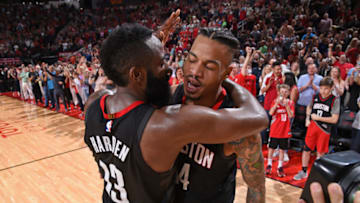 HOUSTON, TX - MARCH 30: Gerald Green #14 and James Harden #13 of the Houston Rockets hug after making the game winning three point basket against the Phoenix Suns on March 30, 2018 at the Toyota Center in Houston, Texas. NOTE TO USER: User expressly acknowledges and agrees that, by downloading and or using this photograph, User is consenting to the terms and conditions of the Getty Images License Agreement. Mandatory Copyright Notice: Copyright 2018 NBAE (Photo by Bill Baptist/NBAE via Getty Images)