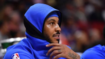 MIAMI, FL - APRIL 09: Carmelo Anthony #7 of the Oklahoma City Thunder on the bench during the game against the Miami Heat at American Airlines Arena on April 9, 2018 in Miami, Florida. NOTE TO USER: User expressly acknowledges and agrees that, by downloading and or using this photograph, User is consenting to the terms and conditions of the Getty Images License Agreement. (Photo by B51/Mark Brown/Getty Images) *** Local Caption *** Carmelo Anthony