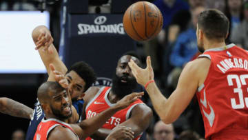 Chris Paul #3, James Harden #13, Ryan Anderson of the Houston Rockets (Photo by Hannah Foslien/Getty Images)