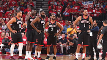 HOUSTON, TX - MAY 2: the Houston Rockets look on prior to Game Two of Round Two of the 2018 NBA Playoffs against the Utah Jazz on May 2, 2018 at Toyota Center in Houston, TX. NOTE TO USER: User expressly acknowledges and agrees that, by downloading and or using this Photograph, user is consenting to the terms and conditions of the Getty Images License Agreement. Mandatory Copyright Notice: Copyright 2018 NBAE (Photo by Andrew D. Bernstein/NBAE via Getty Images)