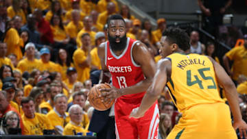 SALT LAKE CITY, UT - MAY 6: James Harden #13 of the Houston Rockets handles the ball against the Utah Jazz during Game Four of the Western Conference Semifinals of the 2018 NBA Playoffs on May 6, 2018 at the Vivint Smart Home Arena in Salt Lake City, Utah. NOTE TO USER: User expressly acknowledges and agrees that, by downloading and or using this photograph, User is consenting to the terms and conditions of the Getty Images License Agreement. Mandatory Copyright Notice: Copyright 2018 NBAE (Photo by Melissa Majchrzak/NBAE via Getty Images)