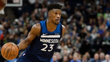 MINNEAPOLIS, MN - APRIL 21: Jimmy Butler #23 of the Minnesota Timberwolves drives to the basket against the Houston Rockets in Game Three of Round One of the 2018 NBA Playoffs on April 21, 2018 at the Target Center in Minneapolis, Minnesota. The Timberwolves defeated 121-105. NOTE TO USER: User expressly acknowledges and agrees that, by downloading and or using this Photograph, user is consenting to the terms and conditions of the Getty Images License Agreement. (Photo by Hannah Foslien/Getty Images)