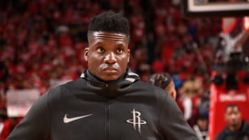 HOUSTON, TX - MAY 14: Clint Capela #15 of the Houston Rockets looks on before the game against the Golden State Warriors in Game One of the Western Conference Finals of the 2018 NBA Playoffs on May 14, 2018 at the Toyota Center in Houston, Texas. NOTE TO USER: User expressly acknowledges and agrees that, by downloading and or using this photograph, User is consenting to the terms and conditions of the Getty Images License Agreement. Mandatory Copyright Notice: Copyright 2018 NBAE (Photo by Bill Baptist/NBAE via Getty Images)