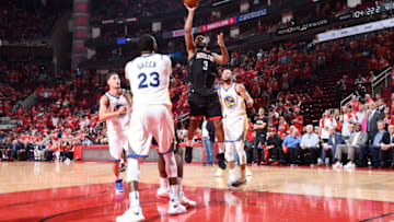 HOUSTON, TX - MAY 14: Chris Paul #3 of the Houston Rockets shoots the ball against the Golden State Warriors during Game One of the Western Conference Finals of the 2018 NBA Playoffs on May 14, 2018 at the Toyota Center in Houston, Texas. NOTE TO USER: User expressly acknowledges and agrees that, by downloading and or using this photograph, User is consenting to the terms and conditions of the Getty Images License Agreement. Mandatory Copyright Notice: Copyright 2018 NBAE (Photo by Andrew D. Bernstein/NBAE via Getty Images)