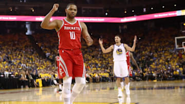 OAKLAND, CA - MAY 20: Eric Gordon #10 of the Houston Rockets reacts to a play against the Golden State Warriors during Game Three of the Western Conference Finals of the 2018 NBA Playoffs at ORACLE Arena on May 20, 2018 in Oakland, California. NOTE TO USER: User expressly acknowledges and agrees that, by downloading and or using this photograph, User is consenting to the terms and conditions of the Getty Images License Agreement. (Photo by Ezra Shaw/Getty Images)